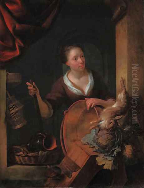 A kitchen maid before a niche, with a copper basin, a dead hare, a cabbage, a hutch and other objects Oil Painting by Louis De Monie