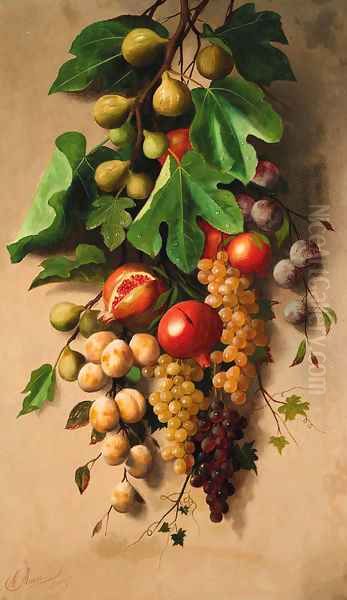 A branch of figs with grapes, plums and pomegranates Oil Painting by Michaelangelo Meucci