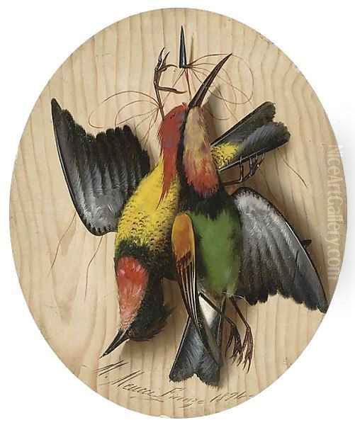 Hanging songbirds; and Another similar Oil Painting by Michaelangelo Meucci