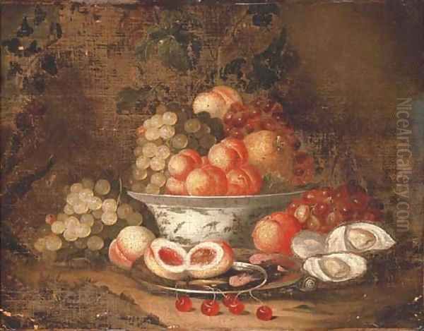 Grapes, peaches and a pomegranate in a blue and white porcelain bowl Oil Painting by Thomas Mertens