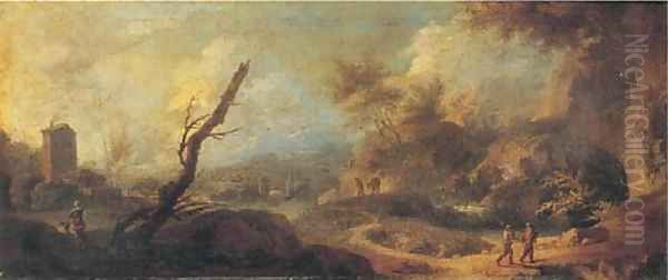 An extensive Italianate river landscape with travellers on a track Oil Painting by Alessio De Marchis