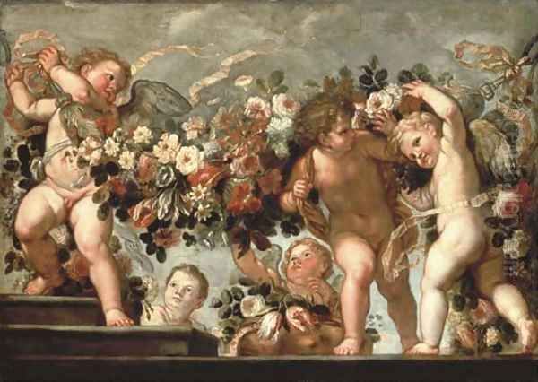 Putti with festoons of roses Oil Painting by Carlo Maratta or Maratti