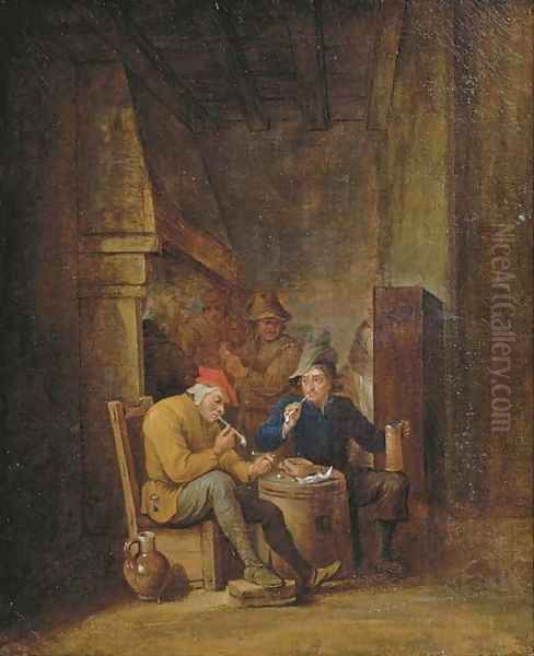 Peasants smoking and drinking in an interior Oil Painting by Cornelis Mahu