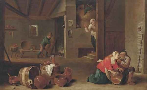 A kitchen interior with peasants Oil Painting by Cornelis Mahu