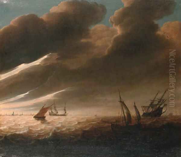 Shipping off a distant coastline - a fragment Oil Painting by Cornelis Mahu