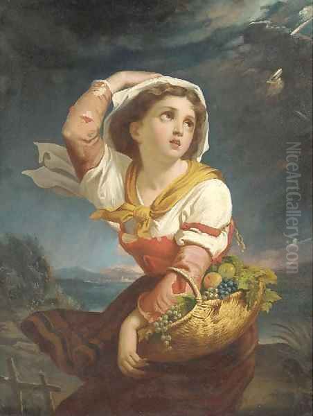 A girl with a basket of fruit, a storm approaching Oil Painting by Giuseppe Mazzolini