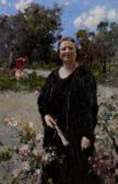 Signora Con Ventaglio E Bambini Che Giocano In Un Giardino Fiorito Oil Painting by Vincenzo Irolli