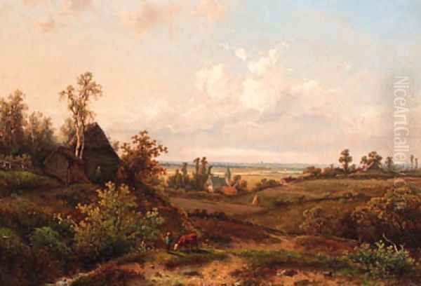 A young cowherd near a cottage in a summer landscape Oil Painting by Claas Hendrik Meiners