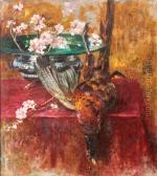 Vaso Con Fiori E Un Fagiano Su Un Piano Oil Painting by Vincenzo Irolli