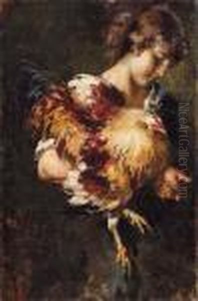 Fanciulla Con Gallo Oil Painting by Vincenzo Irolli