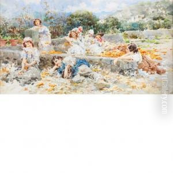 Farm Workers Resting On A Threshing Floor Oil Painting by Vincenzo Irolli