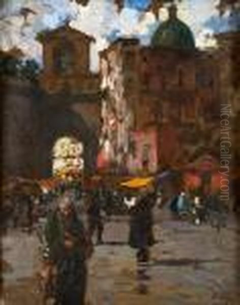 Piazza Con Mercato A Napoli Oil Painting by Vincenzo Irolli