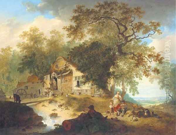 A wooded river landscape with peasants resting by a cottage Oil Painting by Hendrik Meijer