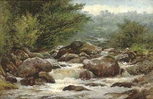 An angler on the rocks of Dulyn Oil Painting by Henry Measham