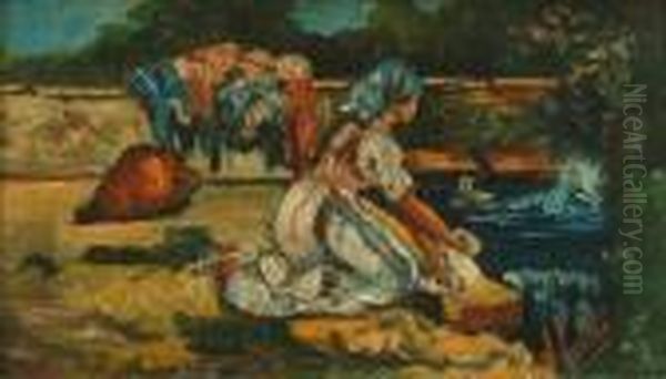 Washerwomen On Ariverbank Oil Painting by Vincenzo Irolli