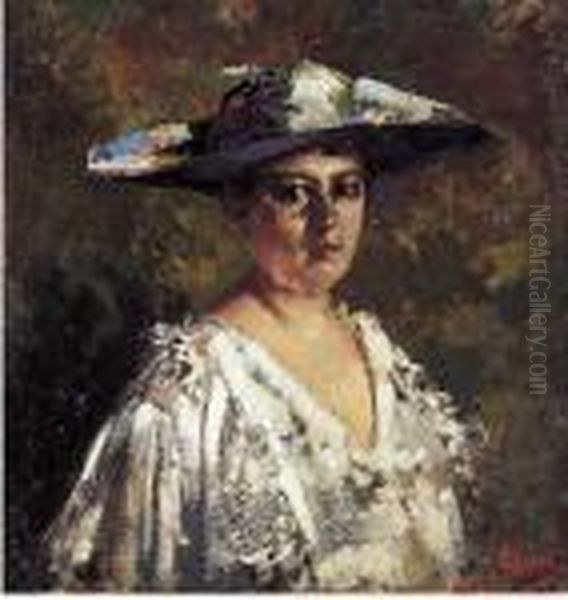 Ritratto Di Donna Con Cappello Oil Painting by Vincenzo Irolli