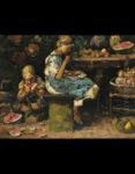 Interno Di Cucina Con Bimbi (bozzetto) Oil Painting by Vincenzo Irolli