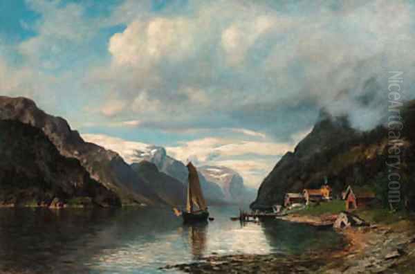 A sailing boat in a rocky fjord landscape Oil Painting by Morten Muller