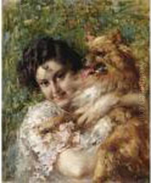 Giovane Donna Con Cagnolino Oil Painting by Vincenzo Irolli