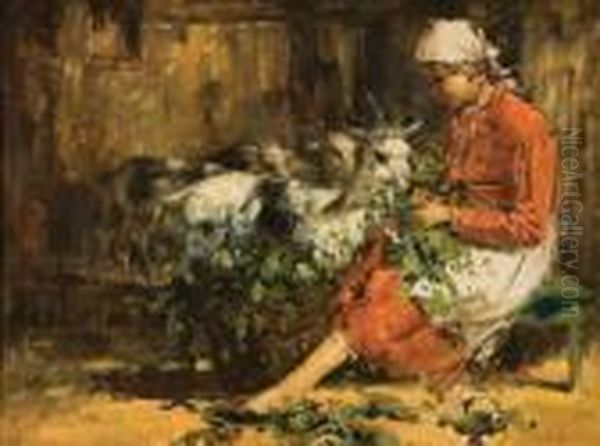 Contadinella Con Caprette Oil Painting by Vincenzo Irolli