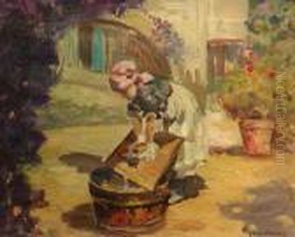 Girl Doing The Wash Oil Painting by Vincenzo Irolli