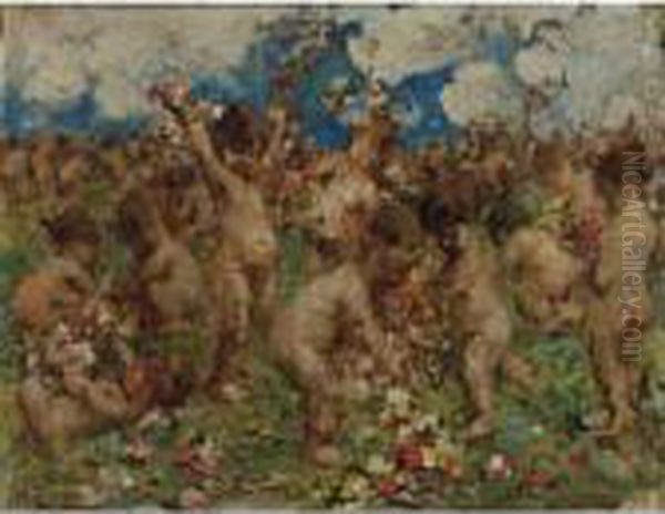 Putti Among The Flowers Oil Painting by Vincenzo Irolli