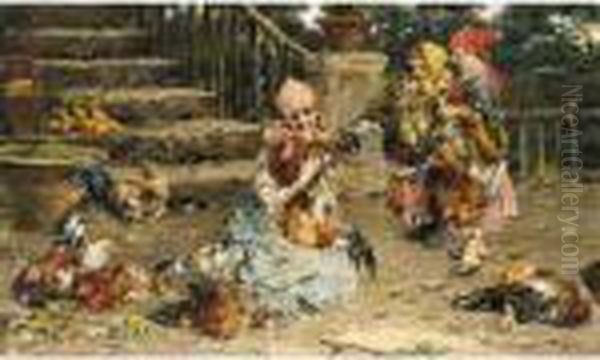 Fanciulle Nel Cortile Con Galletti Oil Painting by Vincenzo Irolli