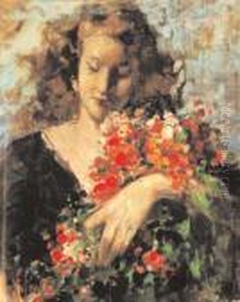 Ragazza Con Fiori Oil Painting by Vincenzo Irolli