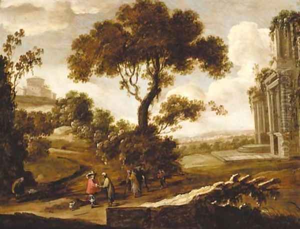 A gypsy reading a traveller's fortune in a landscape Oil Painting by Pieter Meulenaer