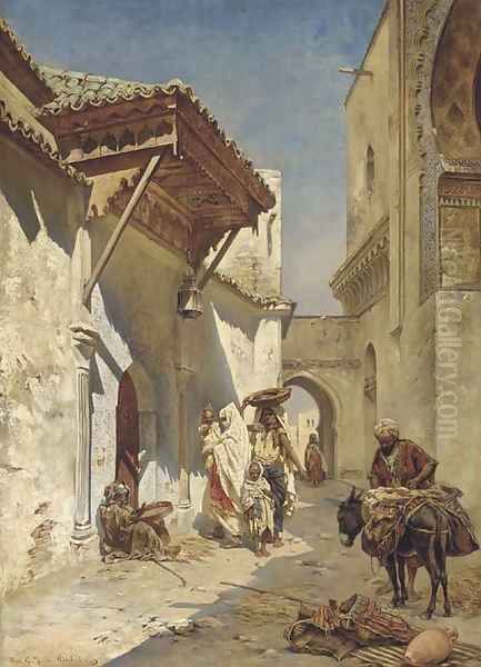 A Street Scene Oil Painting by Rudolph Gustav Muller