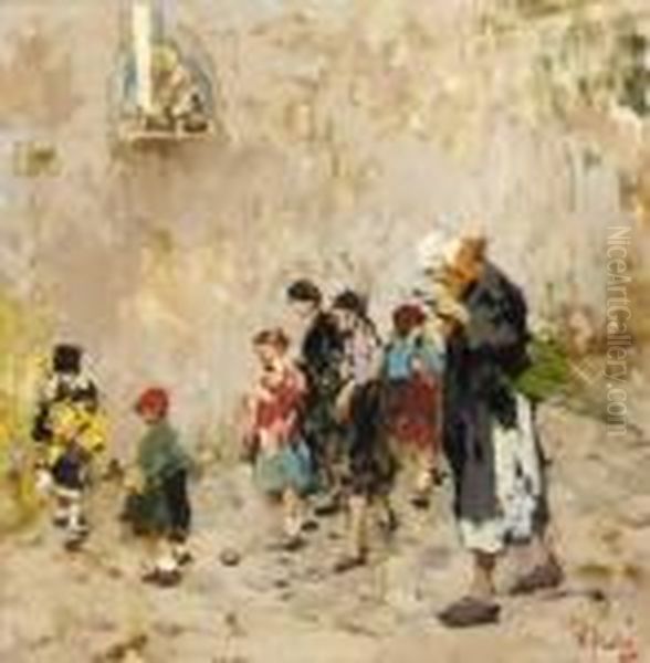 Children In A Street Oil Painting by Vincenzo Irolli