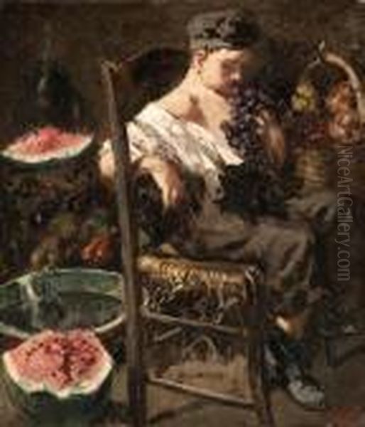 A Young Boy Eating Grapes Oil Painting by Vincenzo Irolli