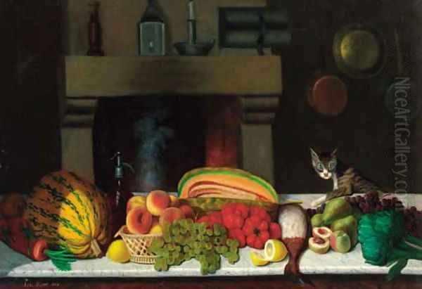 A selection of fruit and vegetables on a marble ledge in a kitchen, a cat alongside Oil Painting by Achille Ernest Mouret