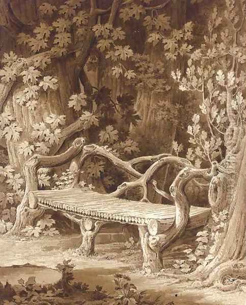 A rustic bench built of roots set among trees Oil Painting by Amelie Munier-Romilly