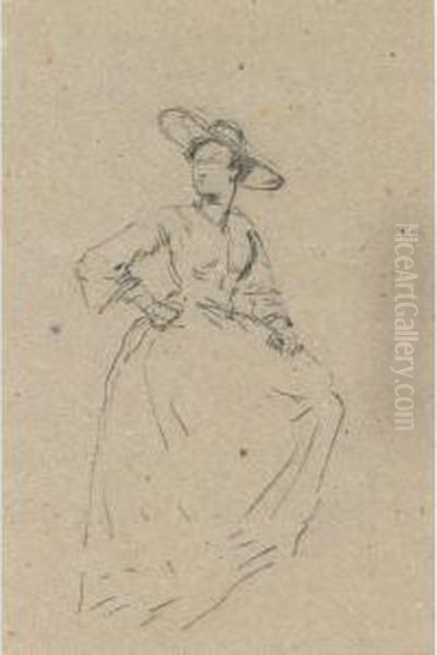 A Lady In A Wide Brimmed Hat (two Views, A Double-sideddrawing) Oil Painting by Eugene Isabey