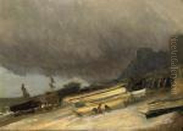 Barques Echouees Sur Le Sable Oil Painting by Eugene Isabey