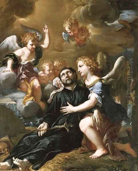 Angels comforting Saint Francis Xavier Oil Painting by Ludovico Mazzanti