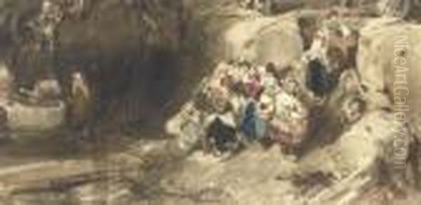 Figures In A Rocky Shore, The Prow Of A Ship In The Foreground Oil Painting by Eugene Isabey