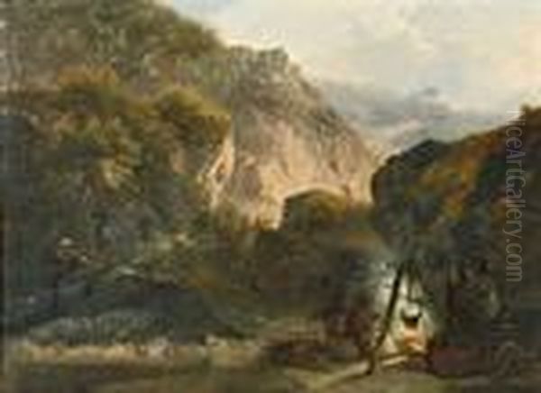 Gebirgslandschaft, Im Vordergrund Frauen Um Einlagerfeuer Oil Painting by Eugene Isabey