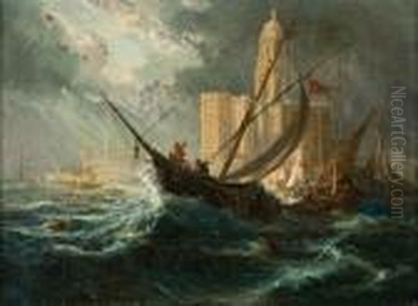 Shipping In Stormy Waters Off A Coastal City Oil Painting by Eugene Isabey