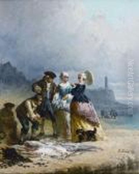 Pecheur Montrant Son Poisson A Un Seigneur Et Deux Dames Sur La Plage Oil Painting by Eugene Isabey