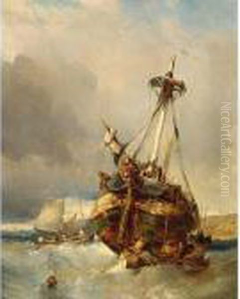 Sailing Near The Coast Oil Painting by Eugene Isabey