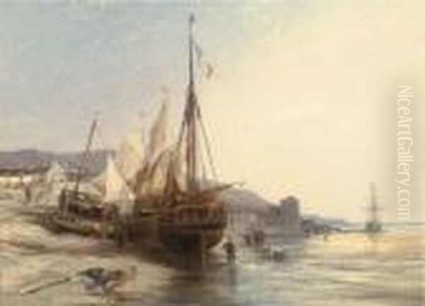 Fishing Boats On The Beach At Low Tide Oil Painting by Eugene Isabey