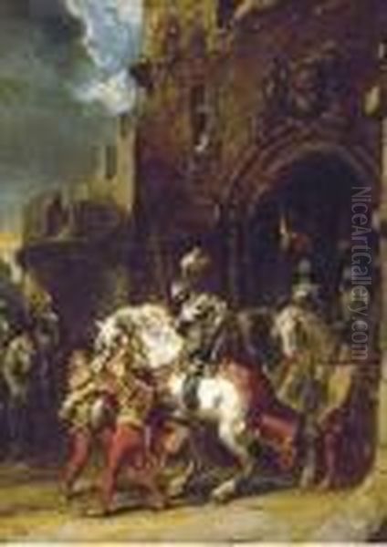 Knights On Horses Leaving The Fortress Oil Painting by Eugene Isabey