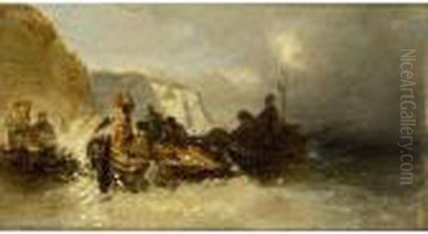 Boat In Distress Near The Rocks Oil Painting by Eugene Isabey