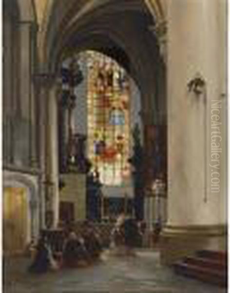 Figures In A Church Interior Oil Painting by Eugene Isabey