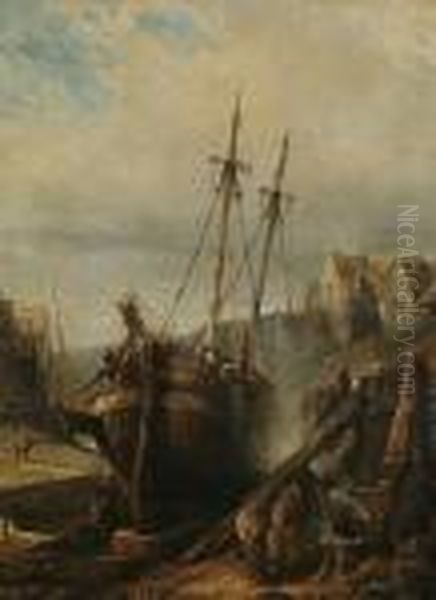 Figures Before A Boat In Dry Dock Oil Painting by Eugene Isabey