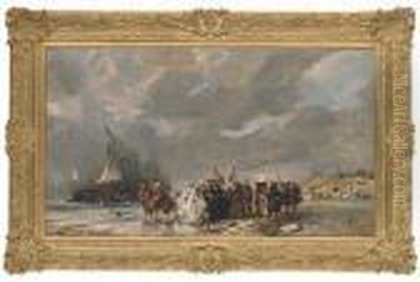 Debarquement De La Peche Sur La Plage Oil Painting by Eugene Isabey