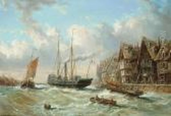 Vessels Before A French Harbour Town Oil Painting by Eugene Isabey