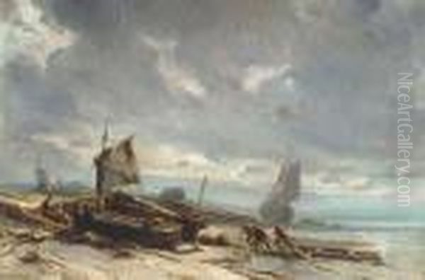 Boats On The Shore Oil Painting by Eugene Isabey